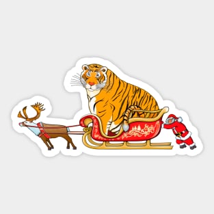 Meme fat tiger in Santa's sleigh / Year of the Tiger /New Year 2022/ Tiger 2022 Sticker